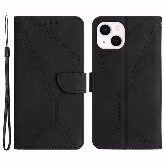 スキンタッチ フリップ スタンド ウォレット 刻印ライン 電話ケース レザー カバー iPhone 15用